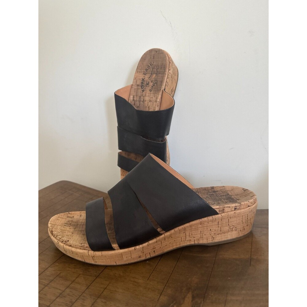 Kork-Ease Black Leather Cork Wedge Slide Sandals Comfort Womens 10M